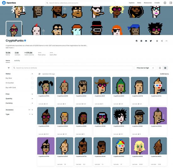 CryptoPunks の NFT 販売ページ。